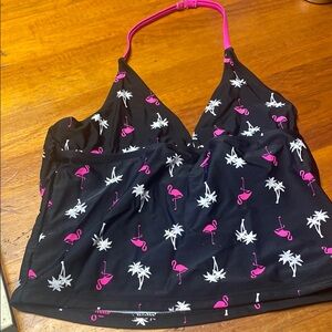 OP Black Bikini Top with Pink Flamingos and White Palms